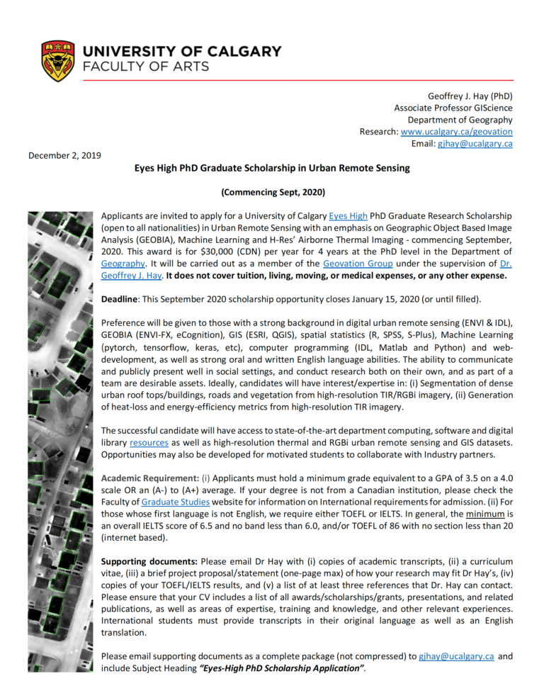 New (2020) 30K /4yr PhD Scholarship in Urban Remote Sensing The