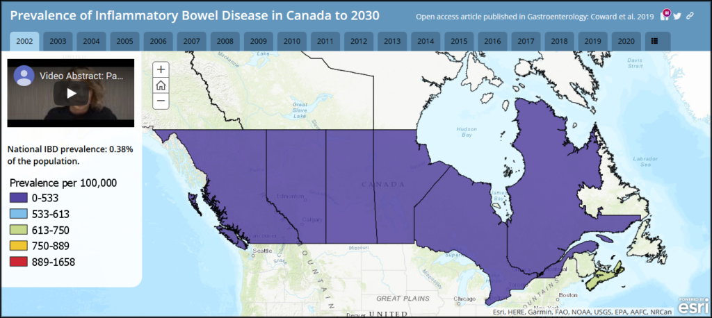 A link to the interactive map of IBD prevalence in Canada.