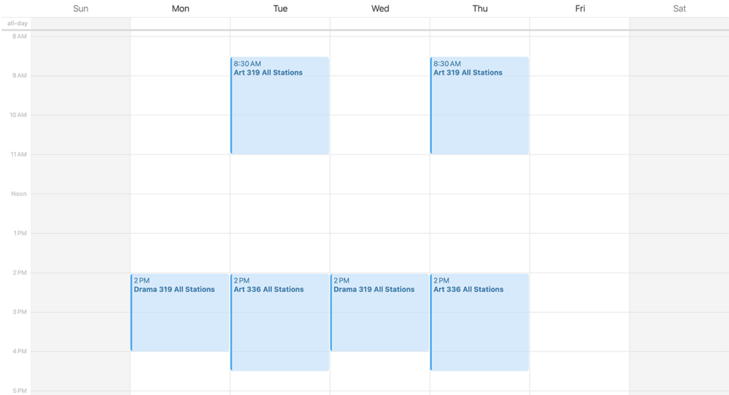 Graphic representation of the following Main Lab booking schedule: Art 319 TR 08:30-11:00; Drama 319 MW 14:00-15:50; Art 336 TR 14:00-16:30.