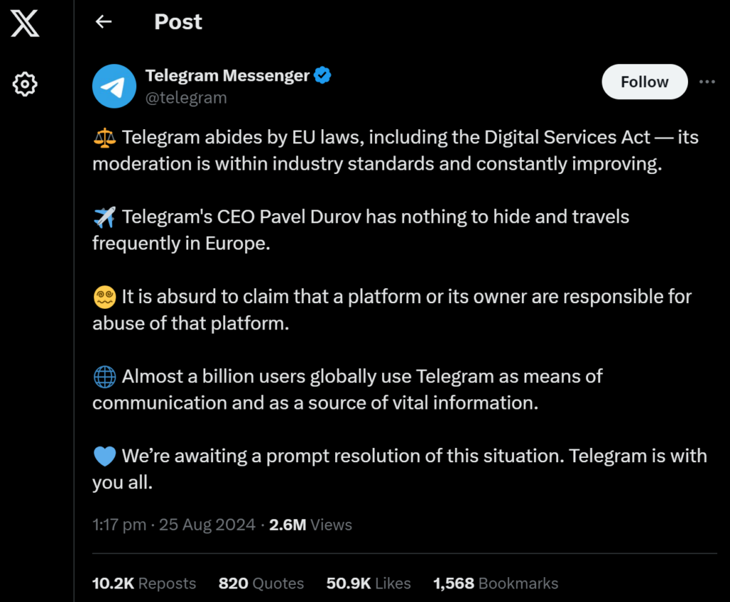 Telegram’s response with Durov’s arrest. https://x.com/telegram/status/1827787345367834772